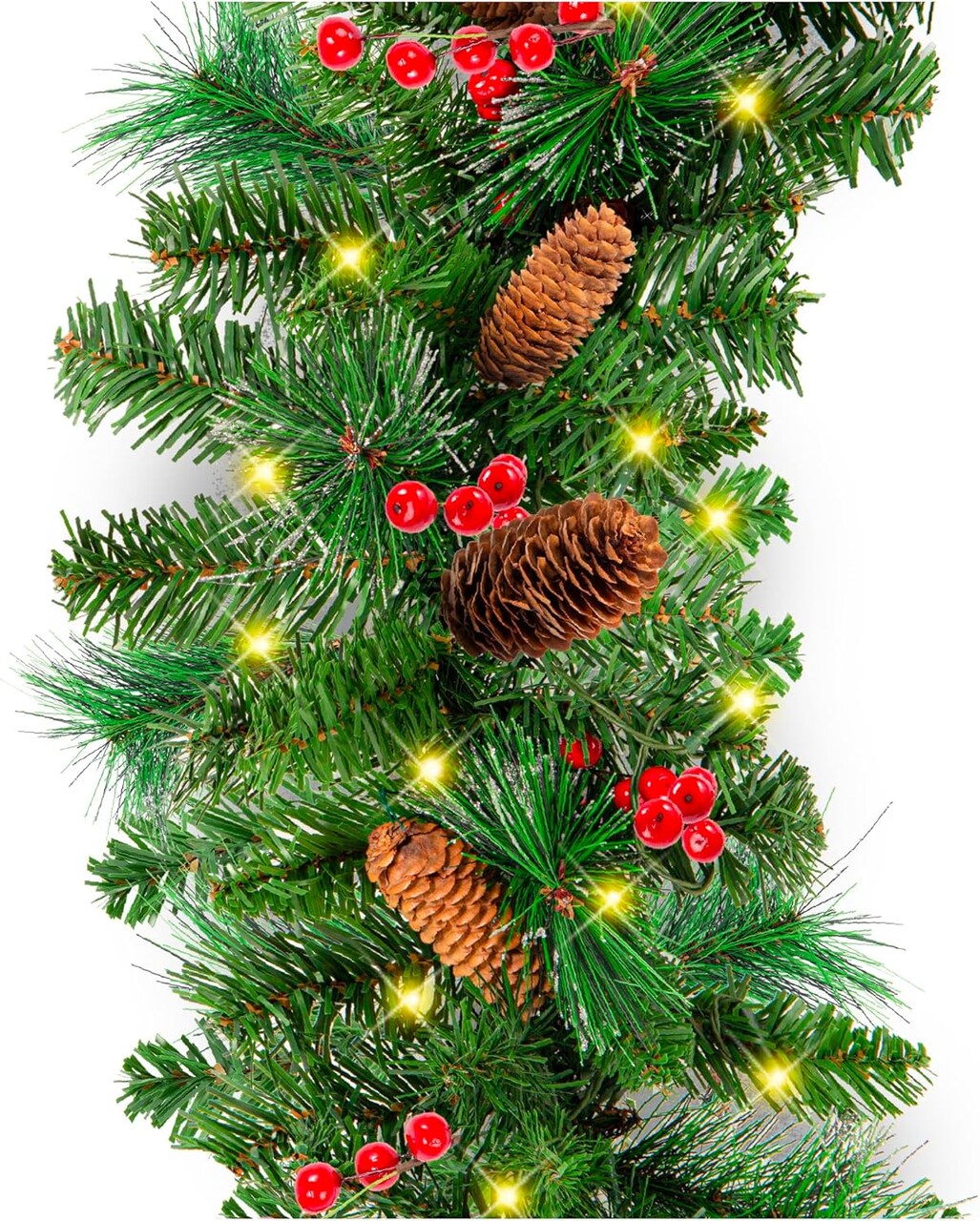 9ft Pre-Lit Holiday Pre-Decorated Christmas Garland for Stairs,50 Lights, Pine Cones, Berries